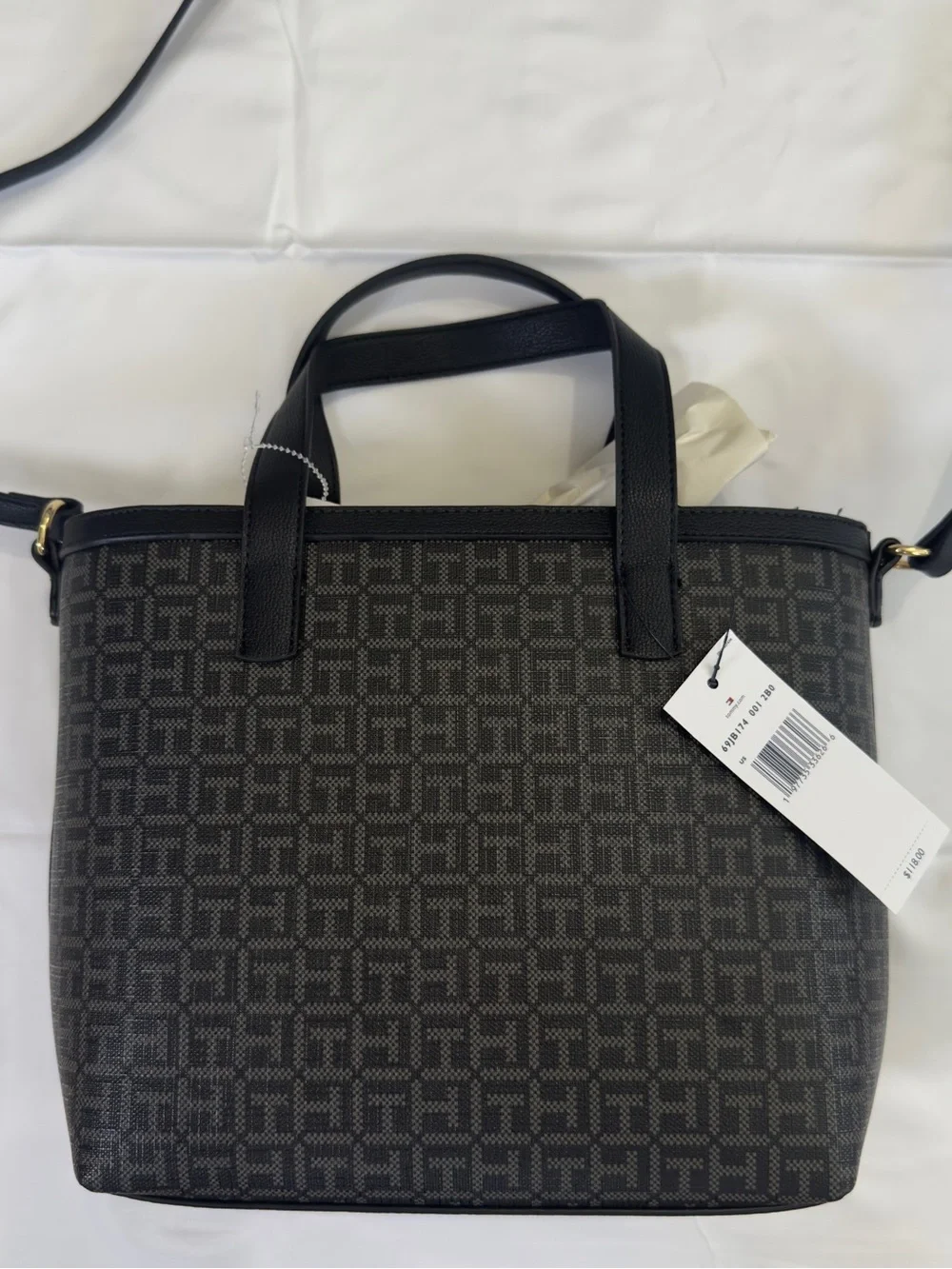 Tommy Hilfiger Black and Gray Monogram Tote with Center Stripe